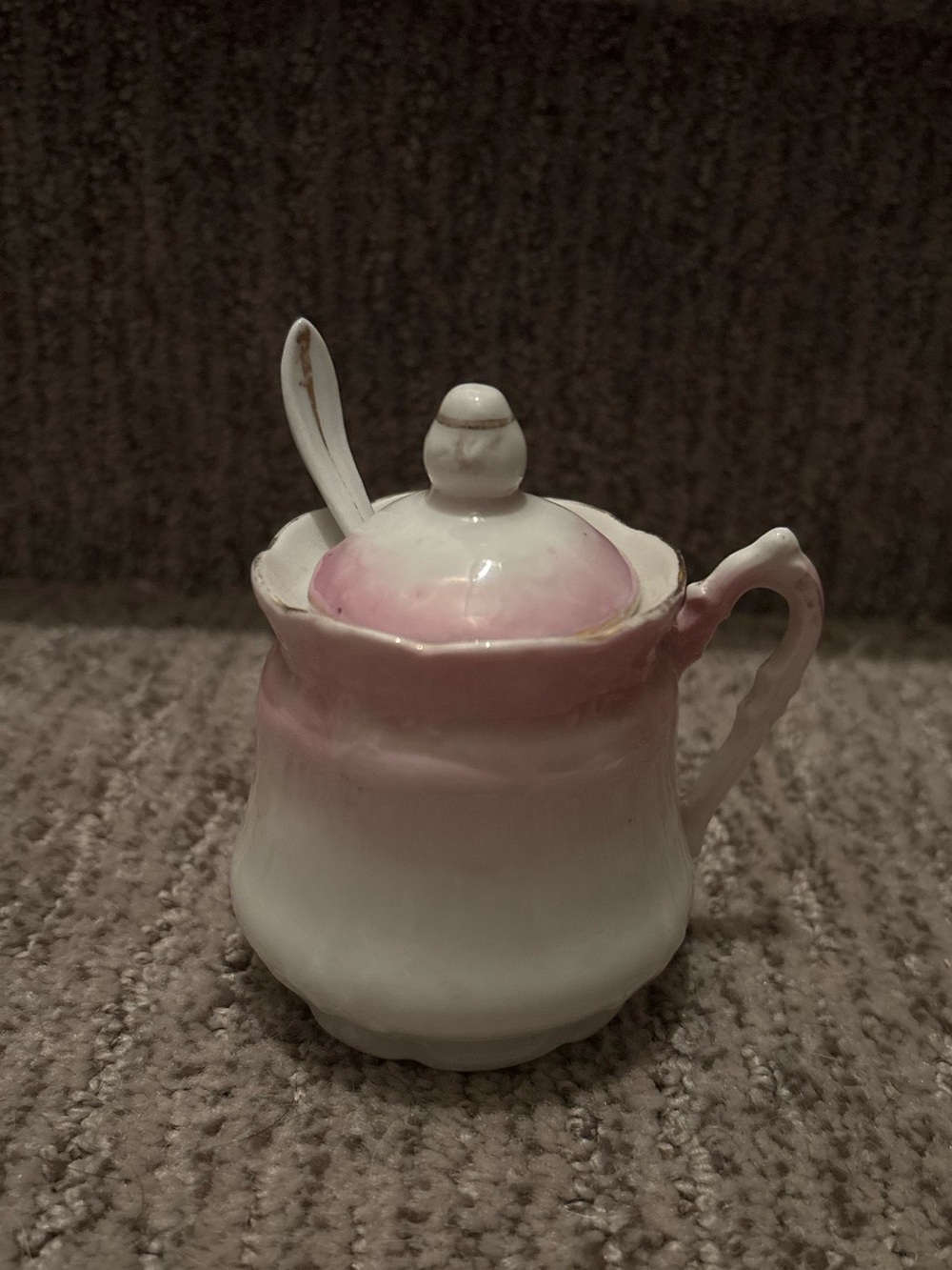Vintage pink porcelain mustard pot with spoon